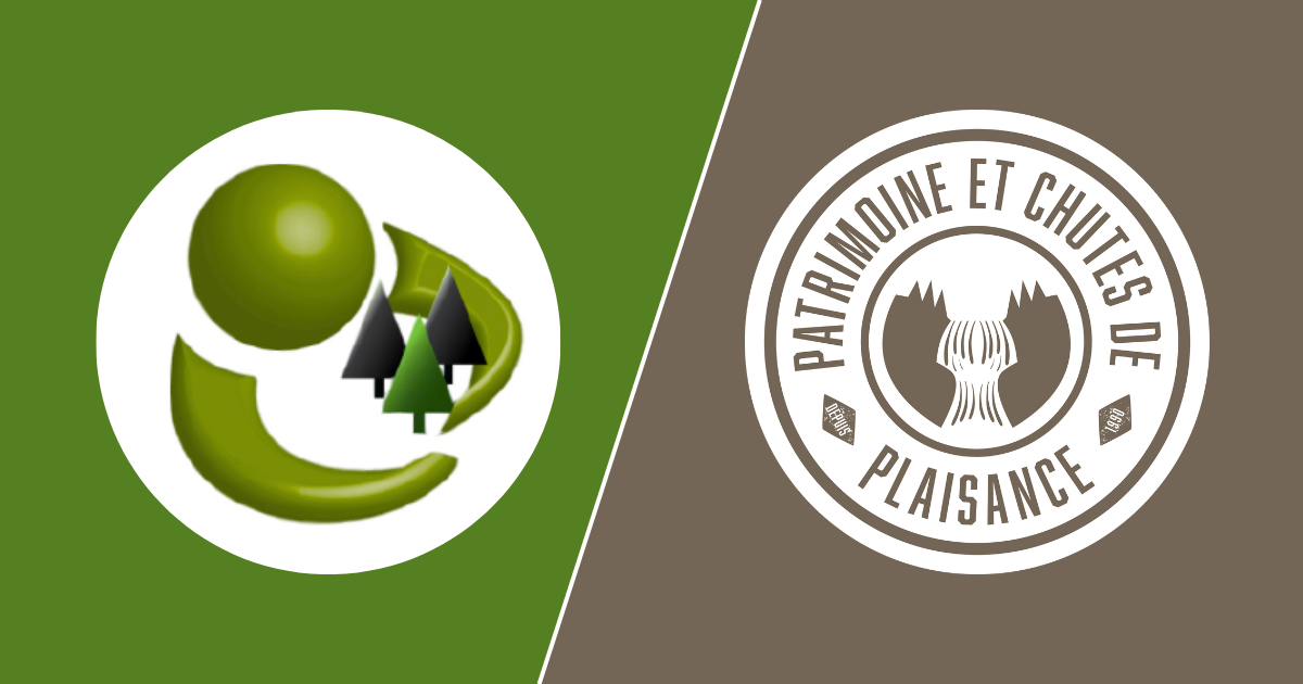 Logo de la Forêt-la-Blanche et le logo des Chutes de Plaisance sur un fond vert et brun